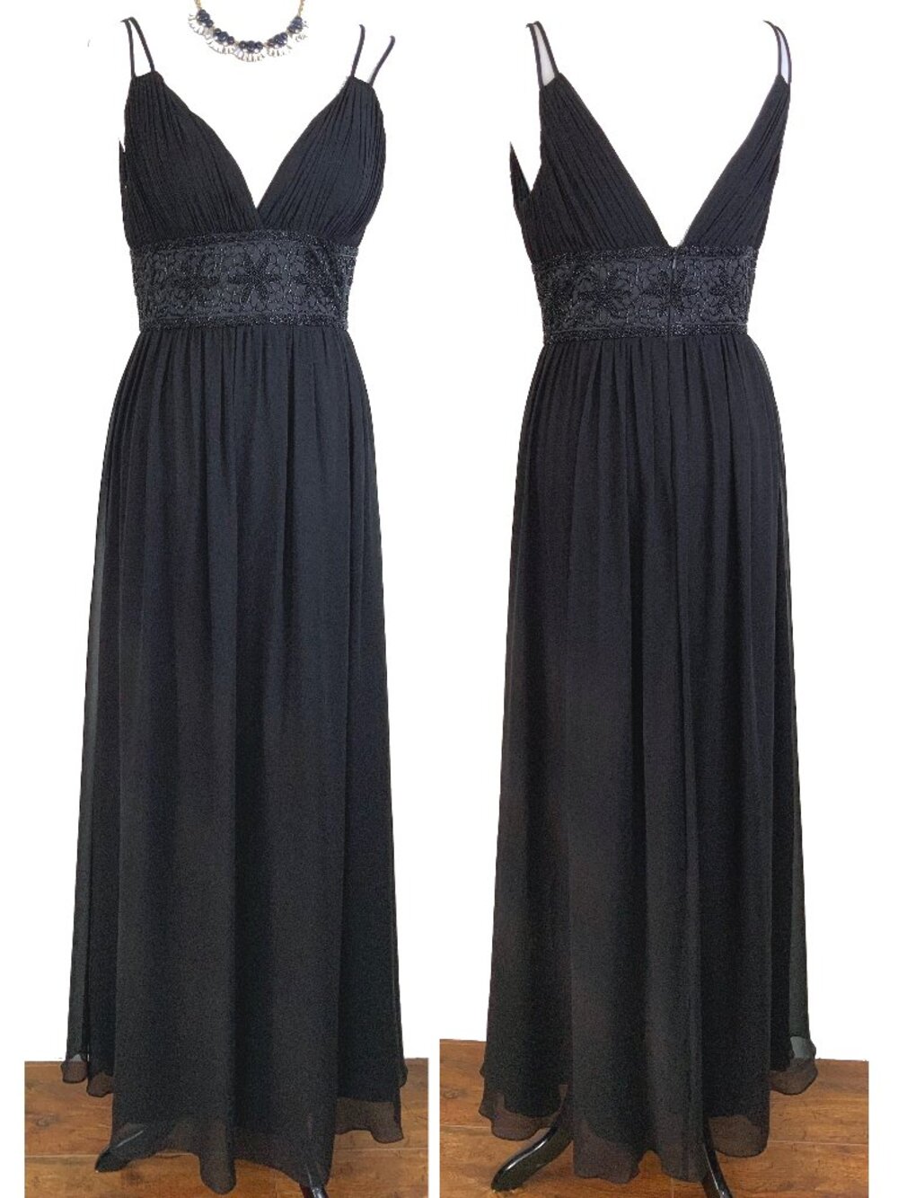 Oleg Cassini OC by OC Black Chiffon Beaded Empire Waist Maxi Dress Sz 8
